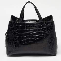 Pre Owned Emporio Armani Black Croc Embossed Leather Tote