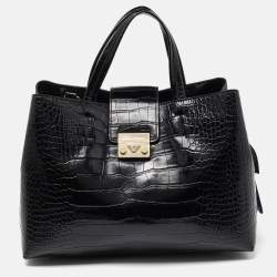 Pre Owned Emporio Armani Black Croc Embossed Leather Tote