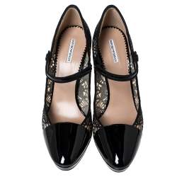 Pre Owned Emporio Armani Black Patent Leather And Lace Mary Jane Platform Pumps Size 39