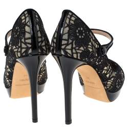 Pre Owned Emporio Armani Black Patent Leather And Lace Mary Jane Platform Pumps Size 39