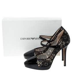 Pre Owned Emporio Armani Black Patent Leather And Lace Mary Jane Platform Pumps Size 39