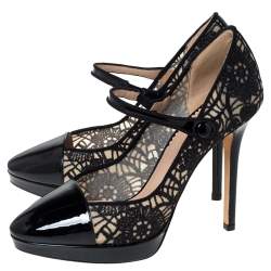 Pre Owned Emporio Armani Black Patent Leather And Lace Mary Jane Platform Pumps Size 39