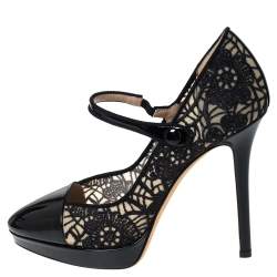 Pre Owned Emporio Armani Black Patent Leather And Lace Mary Jane Platform Pumps Size 39