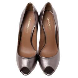 Pre Owned Emporio Armani Metallic Grey Leather Peep-Toe Pumps Size 38