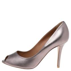 Pre Owned Emporio Armani Metallic Grey Leather Peep-Toe Pumps Size 38