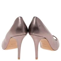 Pre Owned Emporio Armani Metallic Grey Leather Peep-Toe Pumps Size 38