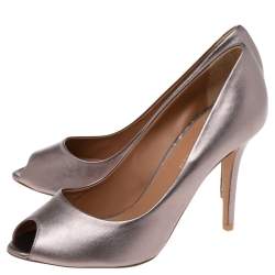 Pre Owned Emporio Armani Metallic Grey Leather Peep-Toe Pumps Size 38