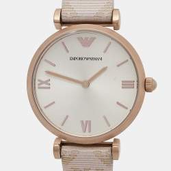 Pre Owned Emporio Armani Silver Rose Gold Plated Stainless Steel Leather AR-11126 Women's Wristwatch 32 mm