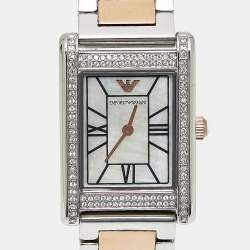 Pre Owned Emporio Armani Mother Of Pearl Crystal Two-Tone Stainless Steel AR11626 Women's Wristwatch 22.40 mm