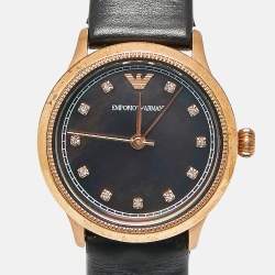 Pre Owned Emporio Armani Black Mother Of Pearl Rose Gold Tone Stainless Steel Leather Classic AR1802 Women's Wristwatch 27 mm