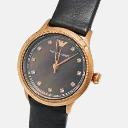 Pre Owned Emporio Armani Black Mother Of Pearl Rose Gold Tone Stainless Steel Leather Classic AR1802 Women's Wristwatch 27 mm