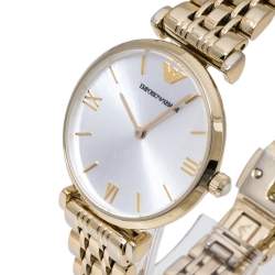 Pre Owned Emporio Armani Silver Yellow Gold Tone Stainless Steel Classic AR1877 Women's Wristwatch 32 mm