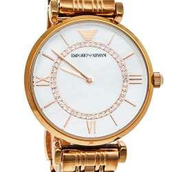 Pre Owned Emporio Armani Mother Of Pearl Gold Plated Stainless Steel Classic AR1909 Women's Wristwatch 32 mm