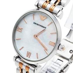 Pre Owned Emporio Armani Mother Of Pearl Two-Tone Stainless Steel Retro AR1987 Women's Wristwatch 32 mm