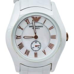 Pre Owned Emporio Armani Mother Of Pearl Ceramic Classic AR1418 Women's Wristwatch 35 mm