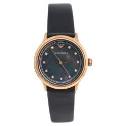 Pre Owned Emporio Armani Black Mother Of Pearl Rose Gold Tone Stainless Steel Leather Classic AR1802 Women's Wristwatch 27 mm