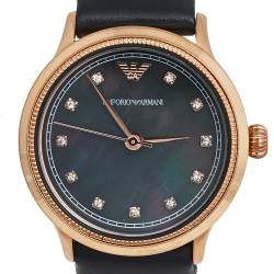 Pre Owned Emporio Armani Black Mother Of Pearl Rose Gold Tone Stainless Steel Leather Classic AR1802 Women's Wristwatch 27 mm