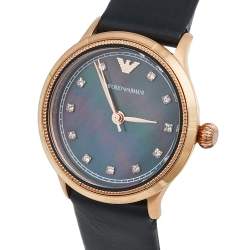 Pre Owned Emporio Armani Black Mother Of Pearl Rose Gold Tone Stainless Steel Leather Classic AR1802 Women's Wristwatch 27 mm