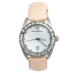 Pre Owned Emporio Armani Mother of Pearl Stainless Steel Leather AR-0543 Women's Wristwatch 38 mm