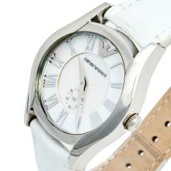 Pre Owned Emporio Armani Mother of Pearl Stainless Steel Leather AR1669 Women's Wristwatch 35 mm