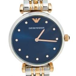 Pre Owned Emporio Armani Blue Two Tone Stainless Steel AR11092 Women's Wristwatch 32 mm