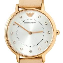 Pre Owned Emporio Armani Silver Rose Gold Plated Stainless Steel Leather AR2510 Women's Wristwatch 32 mm