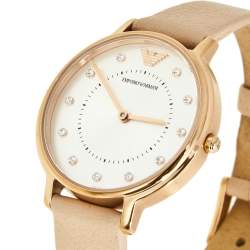 Pre Owned Emporio Armani Silver Rose Gold Plated Stainless Steel Leather AR2510 Women's Wristwatch 32 mm