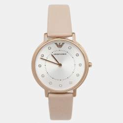 Pre Owned Emporio Armani Silver Rose Gold Plated Stainless Steel Leather AR2510 Women's Wristwatch 32 mm