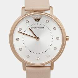Pre Owned Emporio Armani Silver Rose Gold Plated Stainless Steel Leather AR2510 Women's Wristwatch 32 mm