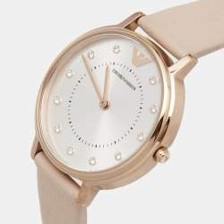 Pre Owned Emporio Armani Silver Rose Gold Plated Stainless Steel Leather AR2510 Women's Wristwatch 32 mm