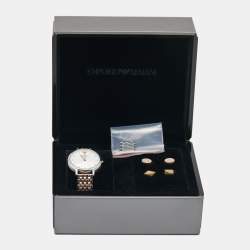 Pre Owned Emporio Armani Mother of Pearl Two Tone Stainless Steel AR80019 Women's Wristwatch 32 mm & Earrings Set