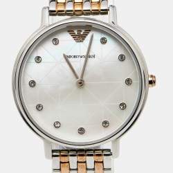 Pre Owned Emporio Armani Mother of Pearl Two Tone Stainless Steel AR80019 Women's Wristwatch 32 mm & Earrings Set