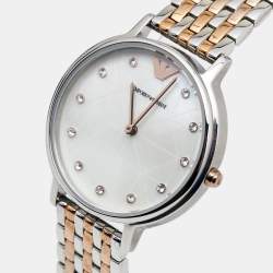 Pre Owned Emporio Armani Mother of Pearl Two Tone Stainless Steel AR80019 Women's Wristwatch 32 mm & Earrings Set