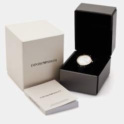 Pre Owned Emporio Armani Mother of Pearl Gold Plated Stainless Steel Leather Arianna AR11200 Women's Wristwatch 32 mm