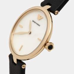 Pre Owned Emporio Armani Mother of Pearl Gold Plated Stainless Steel Leather Arianna AR11200 Women's Wristwatch 32 mm