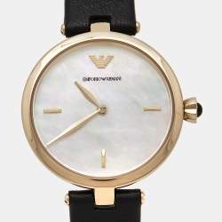 Pre Owned Emporio Armani Mother of Pearl Gold Plated Stainless Steel Leather Arianna AR11200 Women's Wristwatch 32 mm