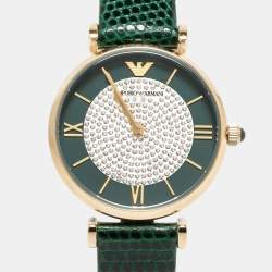 Pre Owned Emporio Armani Green Gold Plated Stainless Steel Leather Gianni AR-11403 Women's Wristwatch 32 mm 