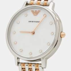 Pre Owned Emporio Armani Mother of Pearl Two Tone Stainless Steel AR80019 Women's Wristwatch 32 mm &  Earrings Set
