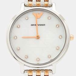 Pre Owned Emporio Armani Mother of Pearl Two Tone Stainless Steel AR80019 Women's Wristwatch 32 mm &  Earrings Set