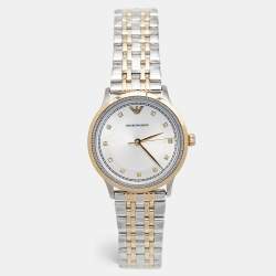 Pre Owned Emporio Armani Silver Two-Tone Stainless Steel Leather Classic AR1963 Women's Wristwatch 30 mm