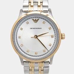 Pre Owned Emporio Armani Silver Two-Tone Stainless Steel Leather Classic AR1963 Women's Wristwatch 30 mm