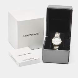 Pre Owned Emporio Armani Silver Two-Tone Stainless Steel Leather Classic AR1963 Women's Wristwatch 30 mm