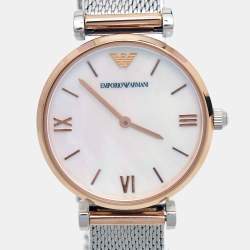 Pre Owned Emporio Armani Mother Of Pearl Two-Tone Stainless Steel AR2067 Women's Wristwatch 32 mm