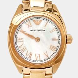 Pre Owned Emporio Armani Mother Of Pearl Gold Plated Stainless Steel AR11038 Women's Wristwatch 28 mm