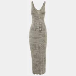 Pre Owned Enza Costa Grey Camouflage Rib Knit Midi Dress S