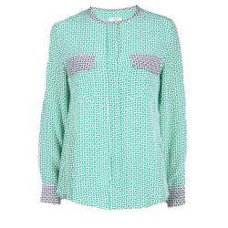 Equipment Green Printed Contrast Trim Detail Long Sleeve Silk Blouse M
