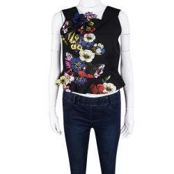 Pre Owned Erdem Black Jacquard Floral Applique Frankie Cropped Peplum Top M
