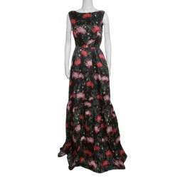 Erdem Green Floral Printed Silk Gazar Ruffled Bottom Alouette Gown M