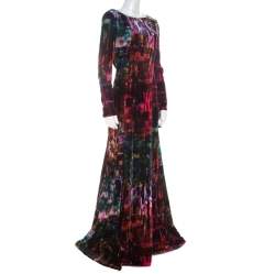Erdem Multicolor Printed Velvet Slit Detail Daniella Gown S  