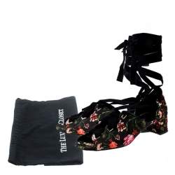 Erdem Black Floral Canvas Cut Out Lace Up Sandals Size 38